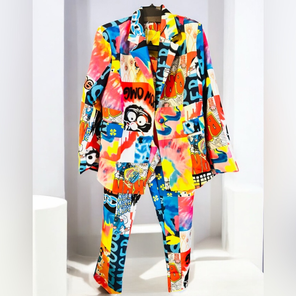 Vibrant Multicolor Graphic Blazer and Pant Set